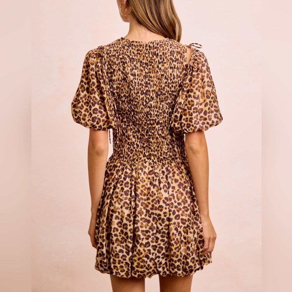 BiBi Bow Tie Attachable Puff Sleeves Leopard Print Balloon Skirt Dress Sz XL